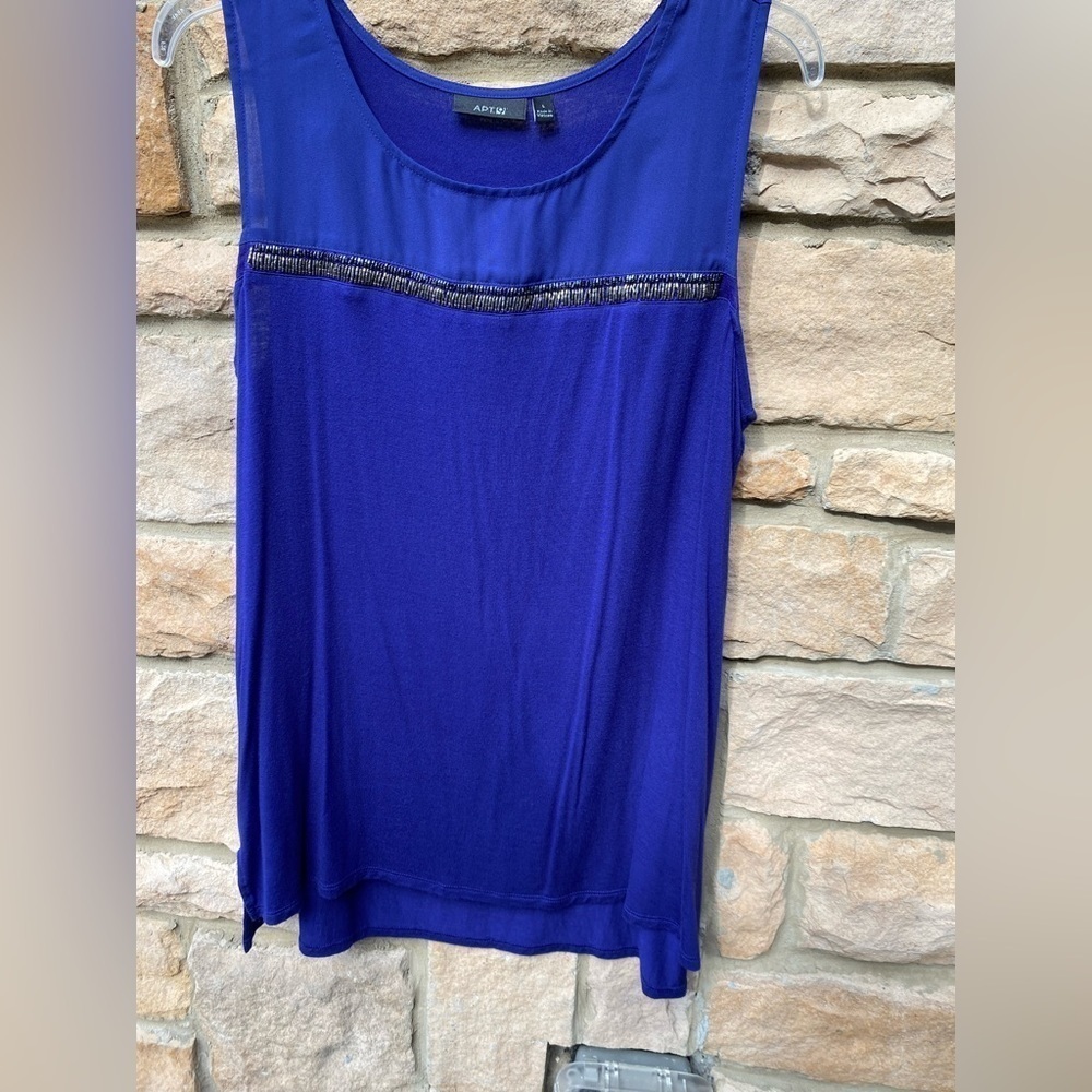 APT 9 Blue Sleeveless Tunic Shear along top W/beaded trim Rayon & Spandex blend